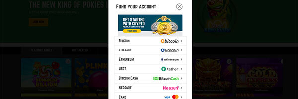 Joe Fortune payment methods screenshot