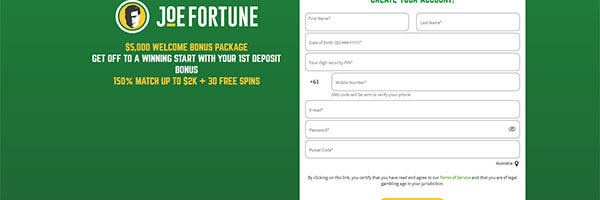Joe Fortune signup page screenshot